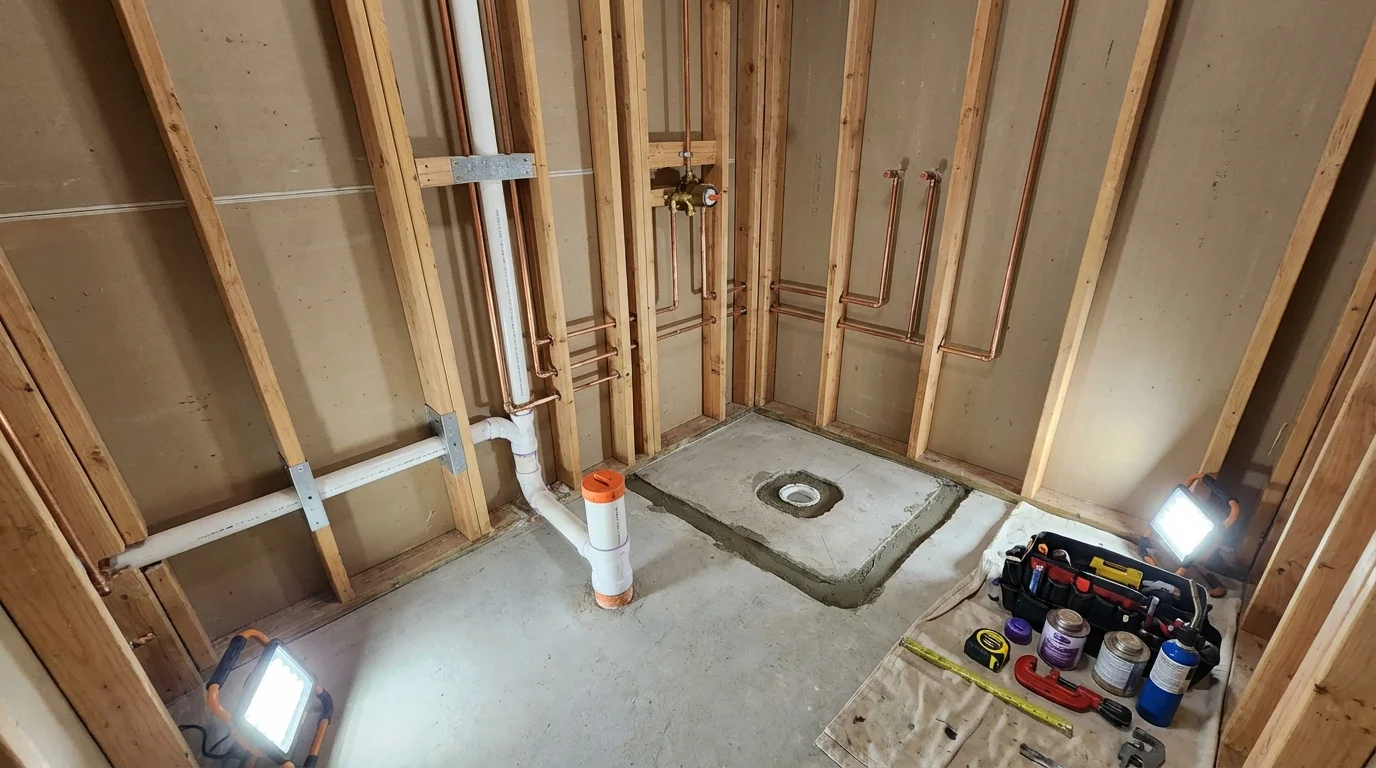 Bathroom rough-in plumbing during remodel by Johns Plumbing LLC in Williams