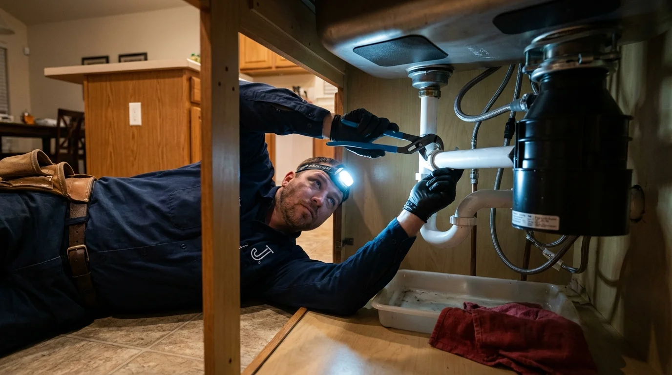 P-trap and supply line connections under a kitchen sink showing a common leak point in Williams, CA